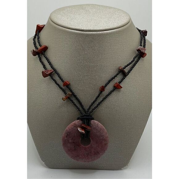 Rhodochrosite Necklace Purple Natural Stone Donut Pendant Black Beaded Chain - Picture 8 of 9